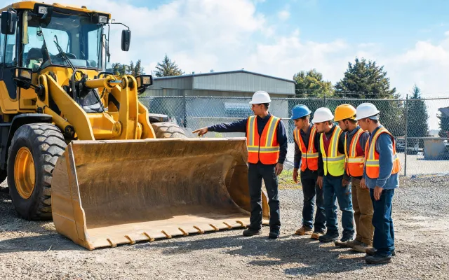 Students learning on donated wheel loader