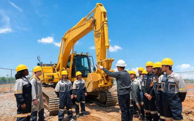 Operator trainees with excavator outdoors