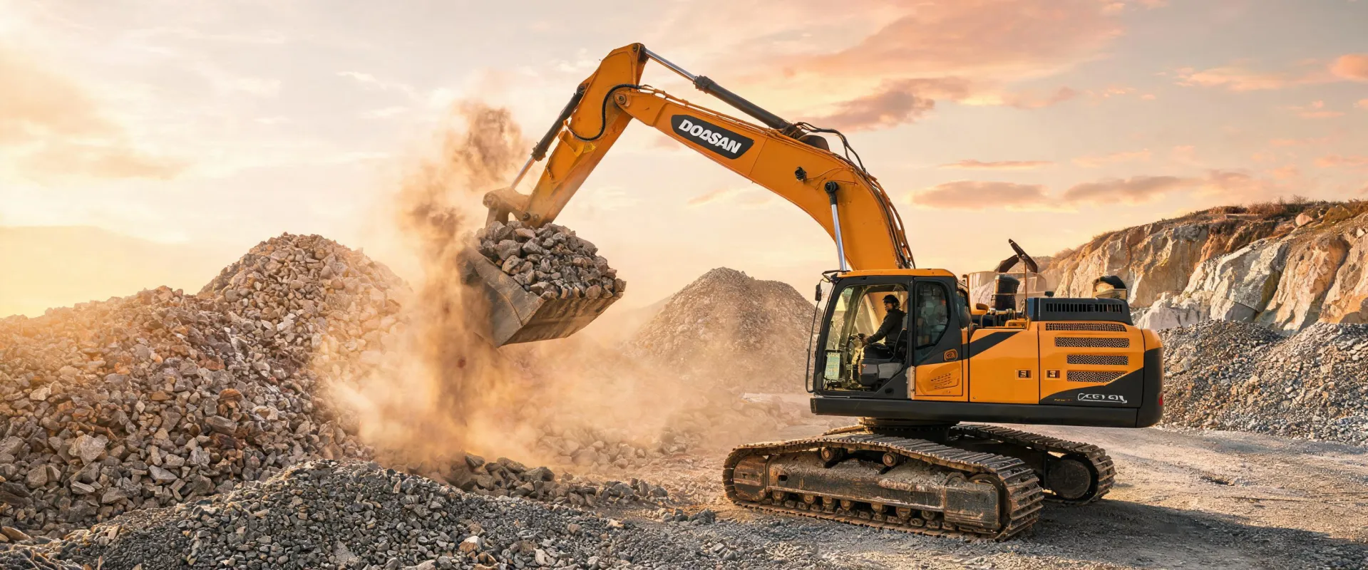 Doosan crawler excavator working on quarry haul road